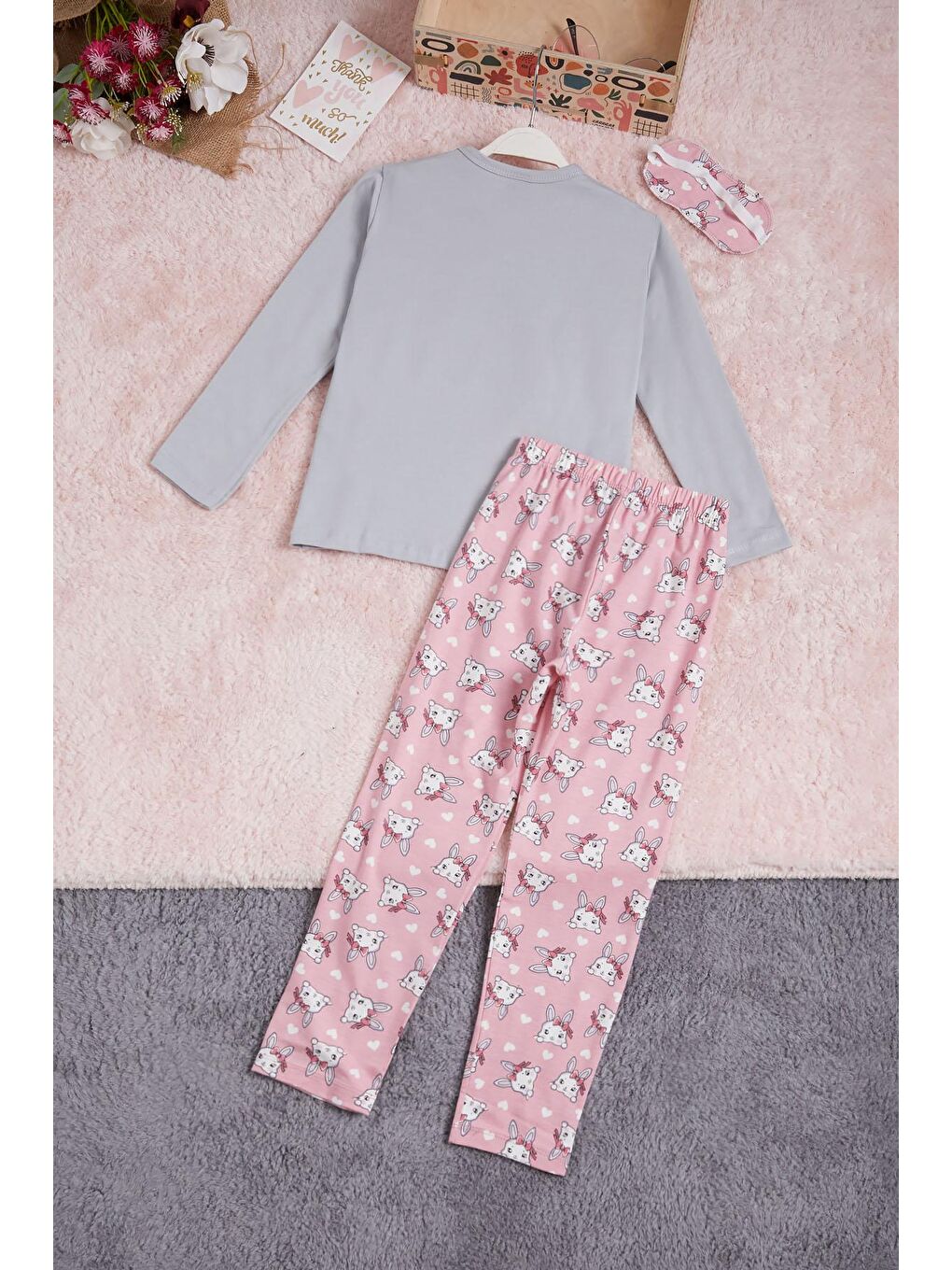 Pijakids Gri Tavşan Baskılı Yazılı Kız Çocuk Pijama Takımı 16346 - 4