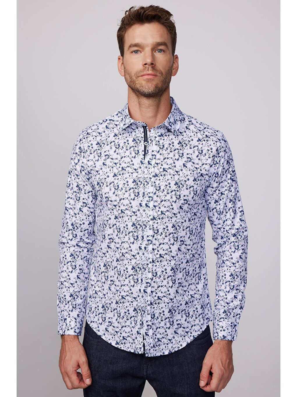 Slim Fit Dar Kesim Baskılı Oxford Doku Beyaz Erkek Gömlek-1