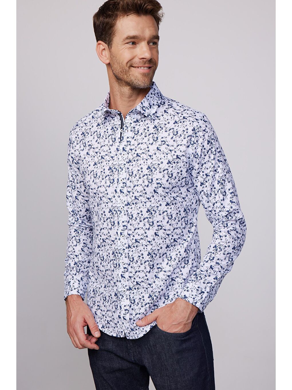 Slim Fit Dar Kesim Baskılı Oxford Doku Beyaz Erkek Gömlek-2