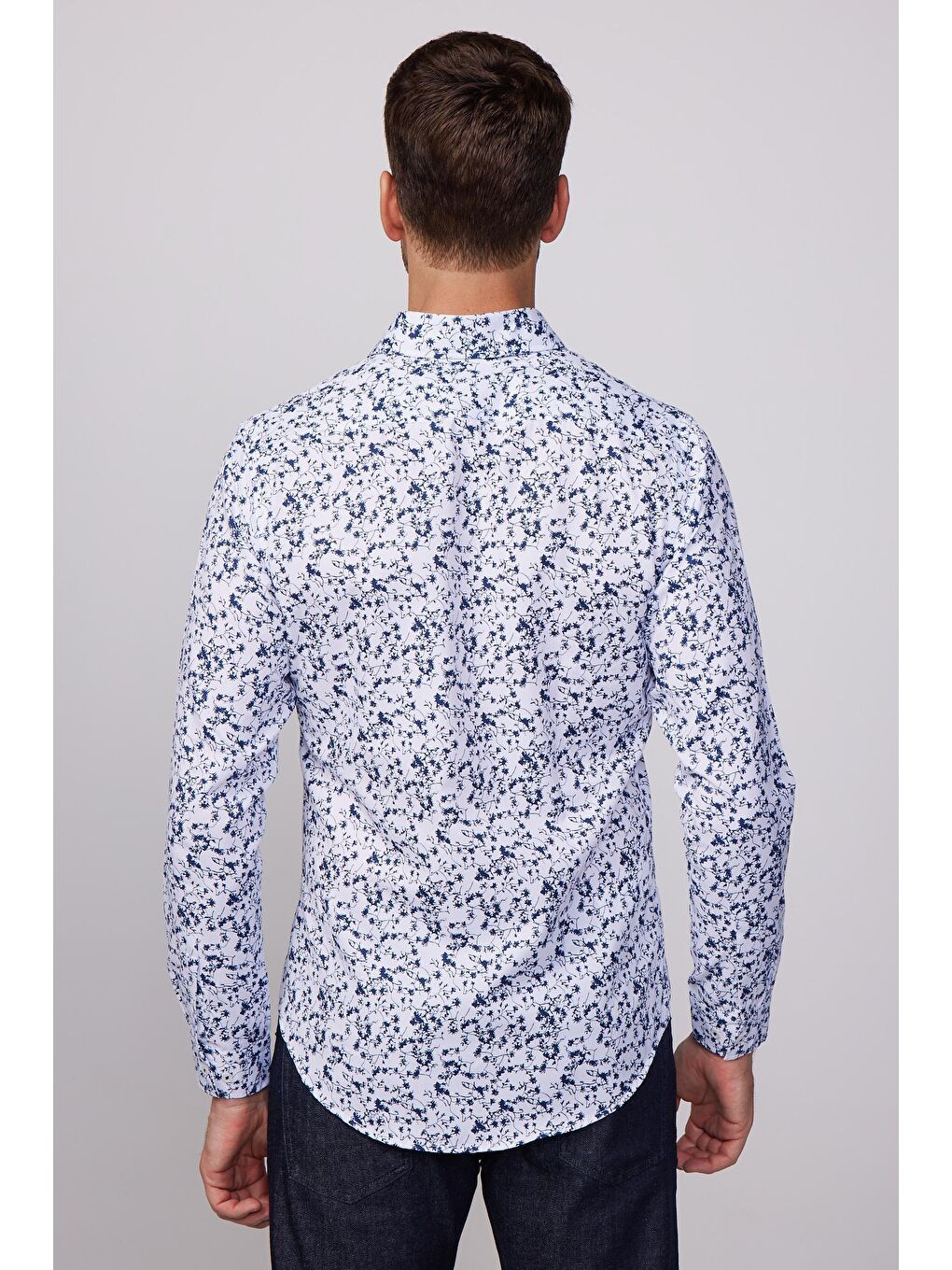 Slim Fit Dar Kesim Baskılı Oxford Doku Beyaz Erkek Gömlek-4