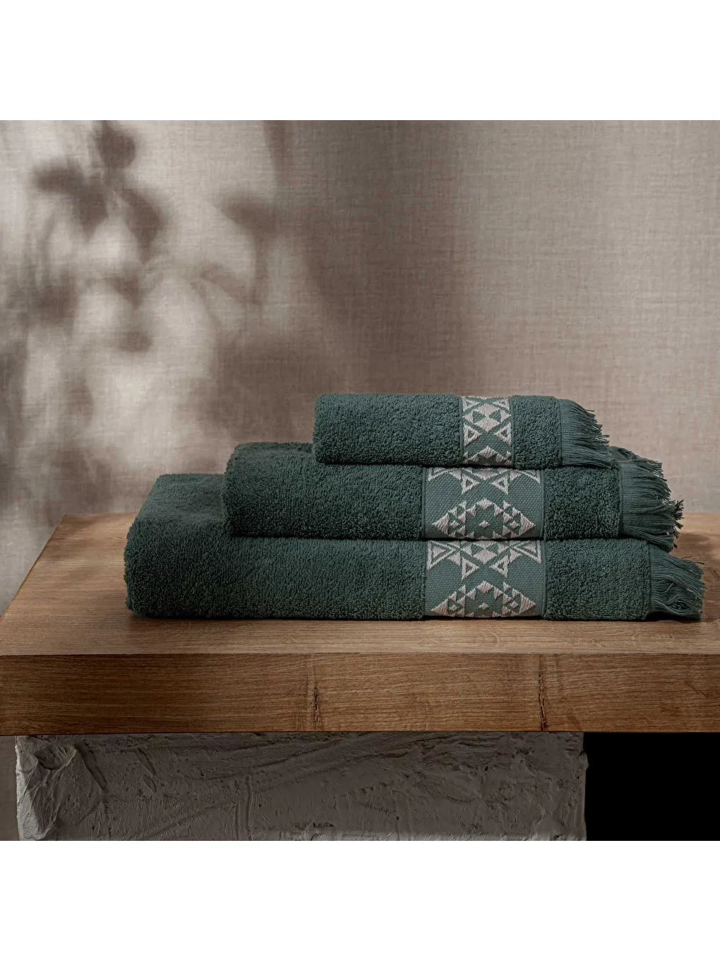 Hereke 3'lü Havlu Seti %100 Pamuk Jakarlı Yeşil-1