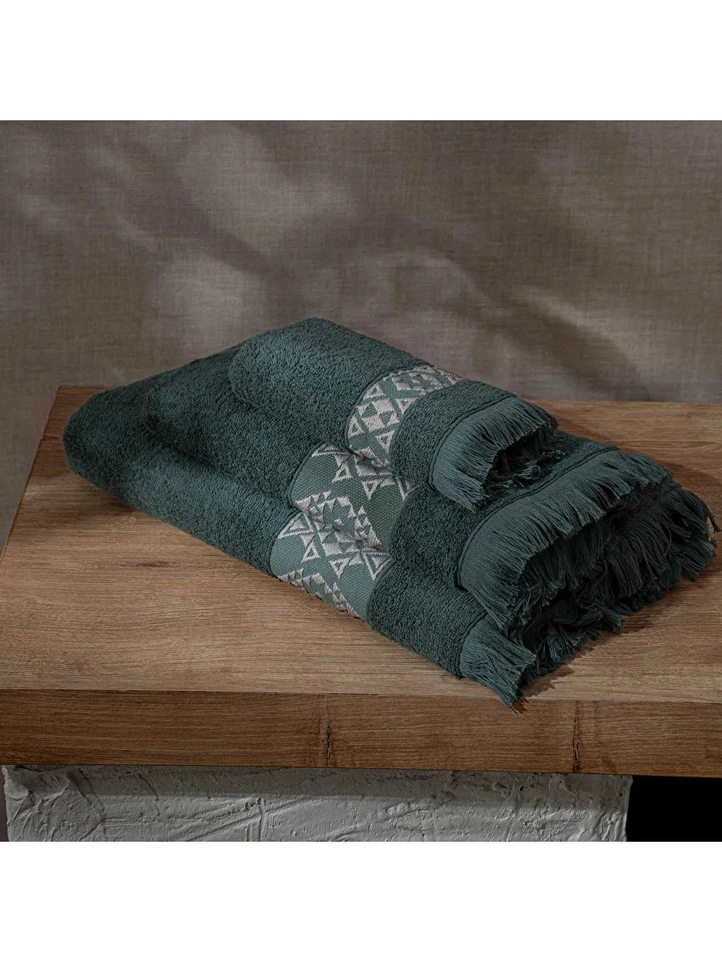 Hereke 3'lü Havlu Seti %100 Pamuk Jakarlı Yeşil-2