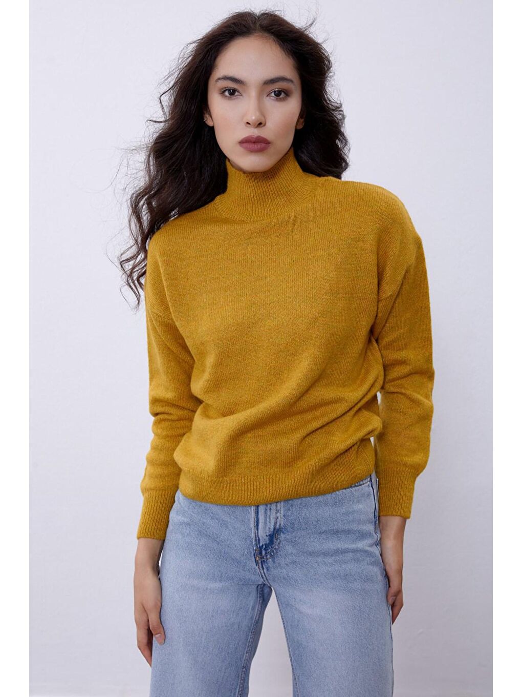 Sarı Hardal Balıkçı Yaka Basic Kazak