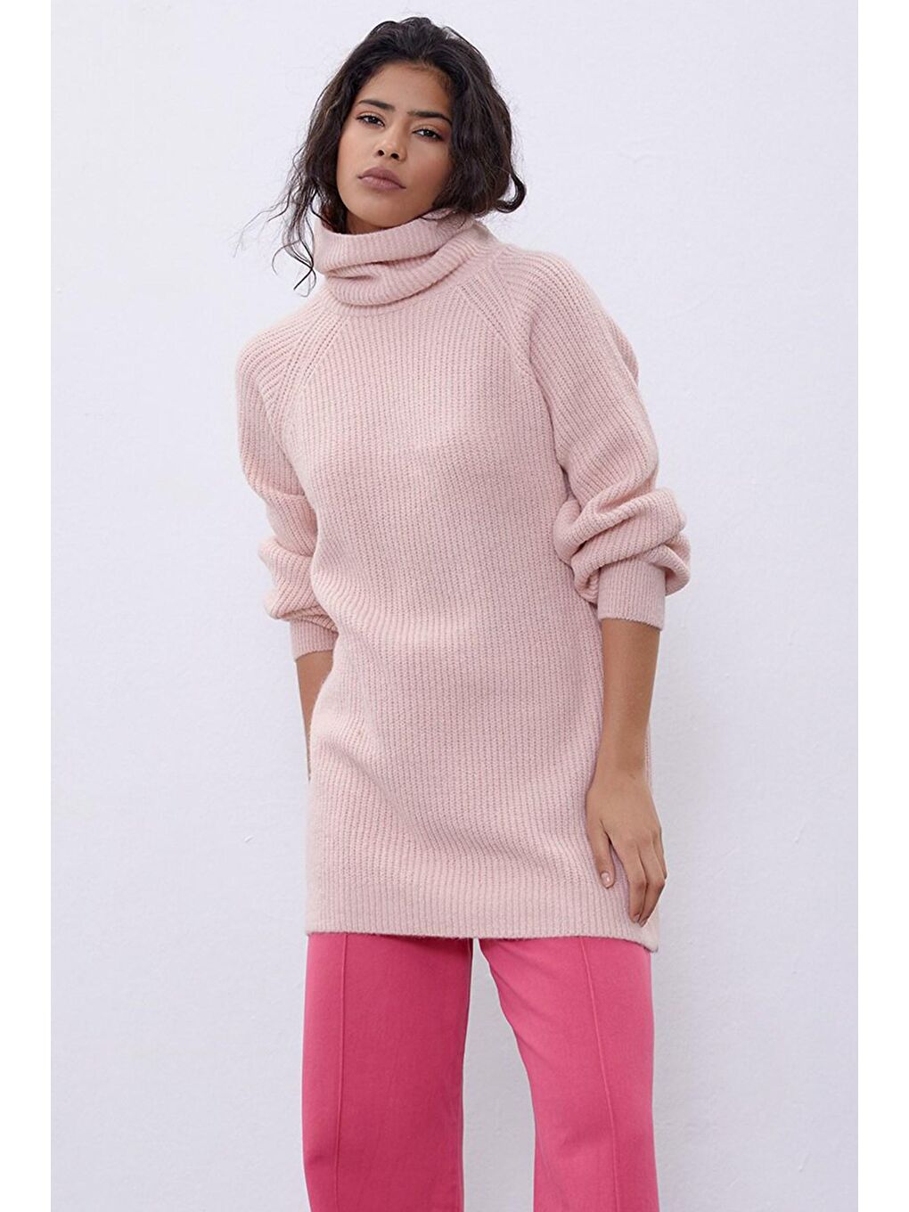 Sherin Pembe Balıkçı Yaka Oversize Triko Tunik