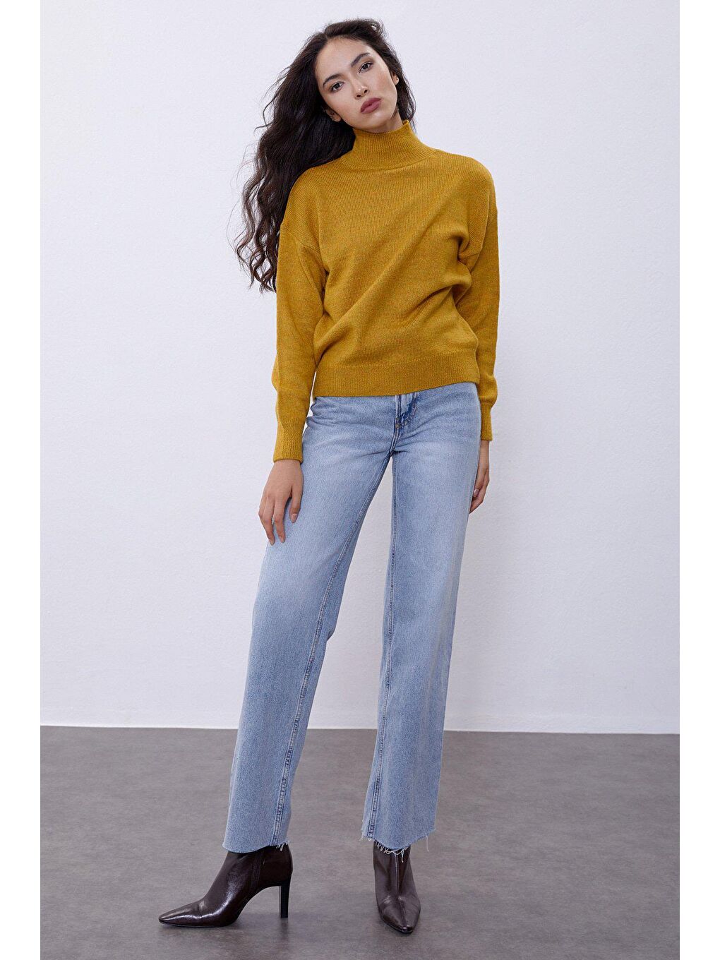 Sarı Hardal Balıkçı Yaka Basic Kazak-1