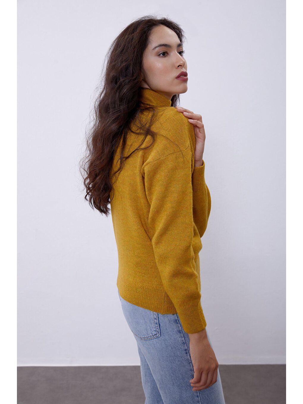 Sarı Hardal Balıkçı Yaka Basic Kazak-2