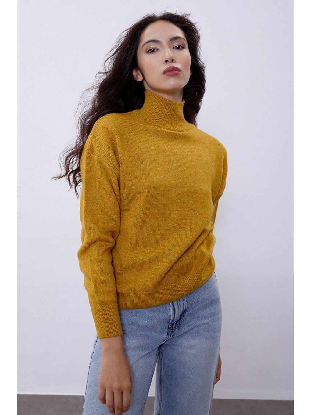 Sarı Hardal Balıkçı Yaka Basic Kazak-3