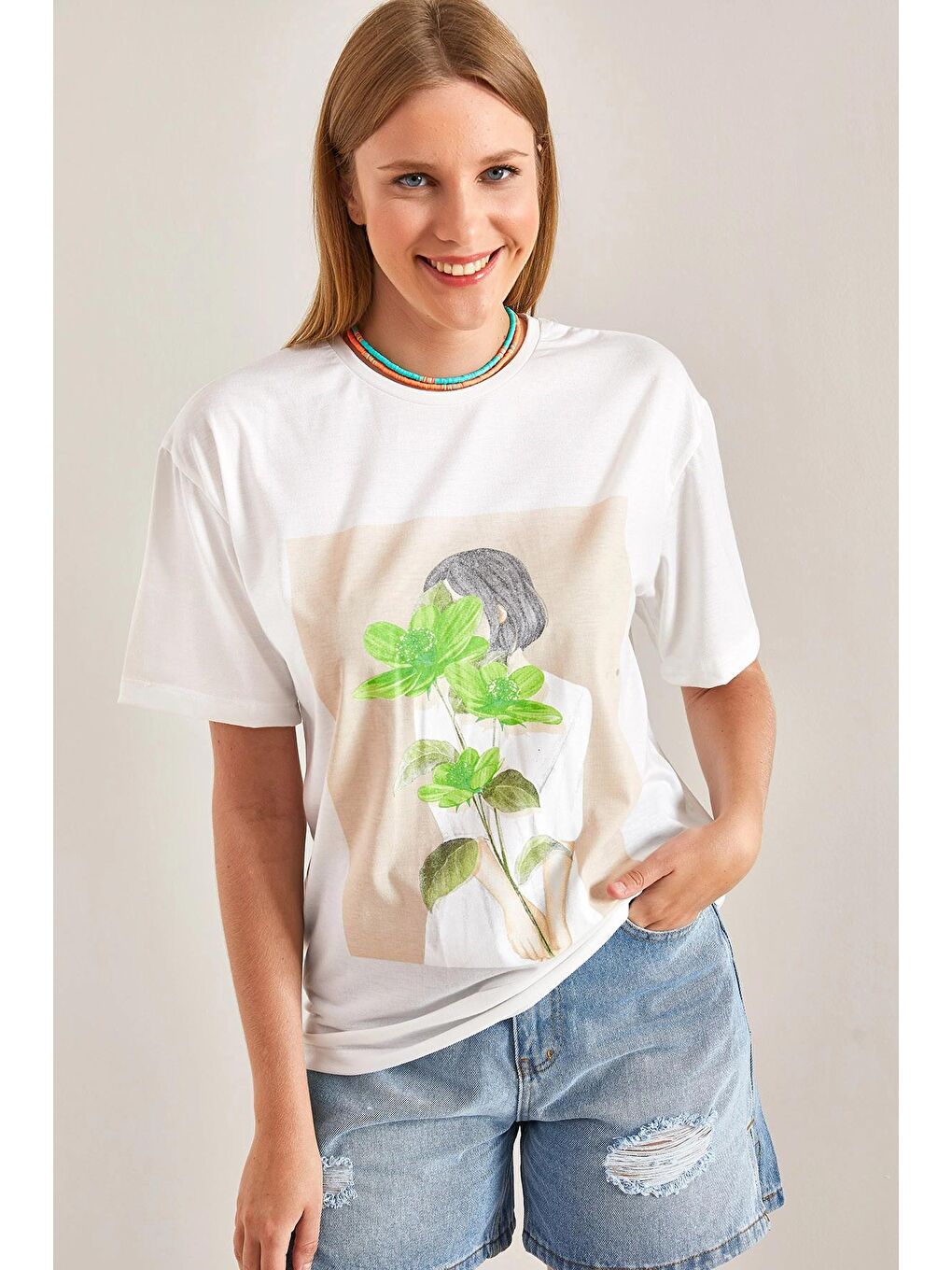 Yeşil Kadın Yaprak Desenli Penye Tshirt