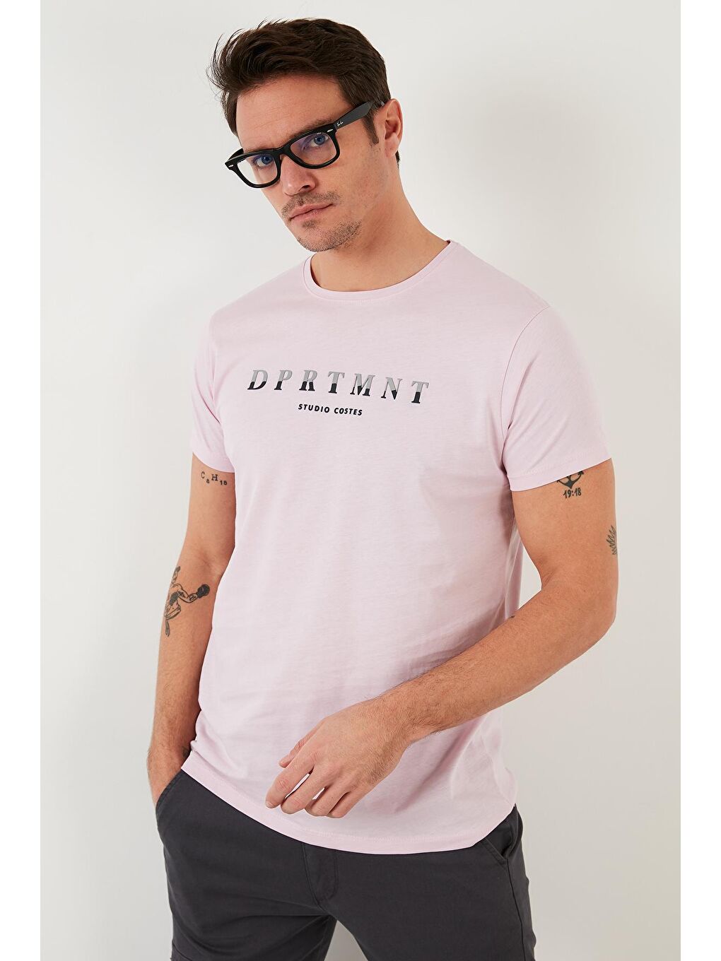 Pembe Baskılı %100 Pamuk Bisiklet Yaka Slim Fit Tişört 541DPRTMINT-1