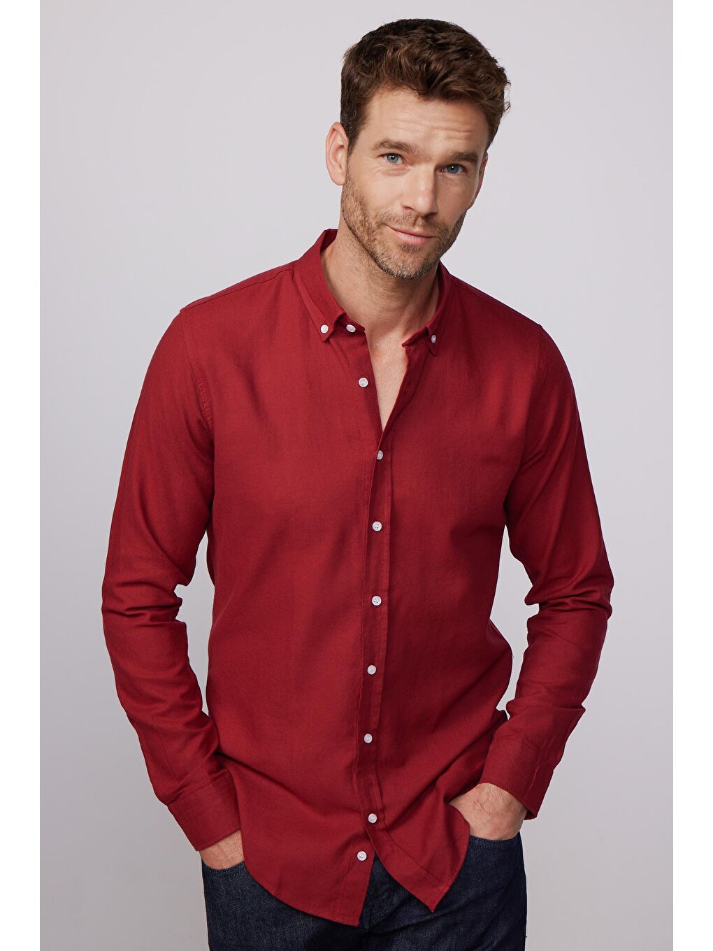 Slim Fit Uzun Kol Biyeli Yaka Düğmeli Keten Bordo Erkek Gömlek-2