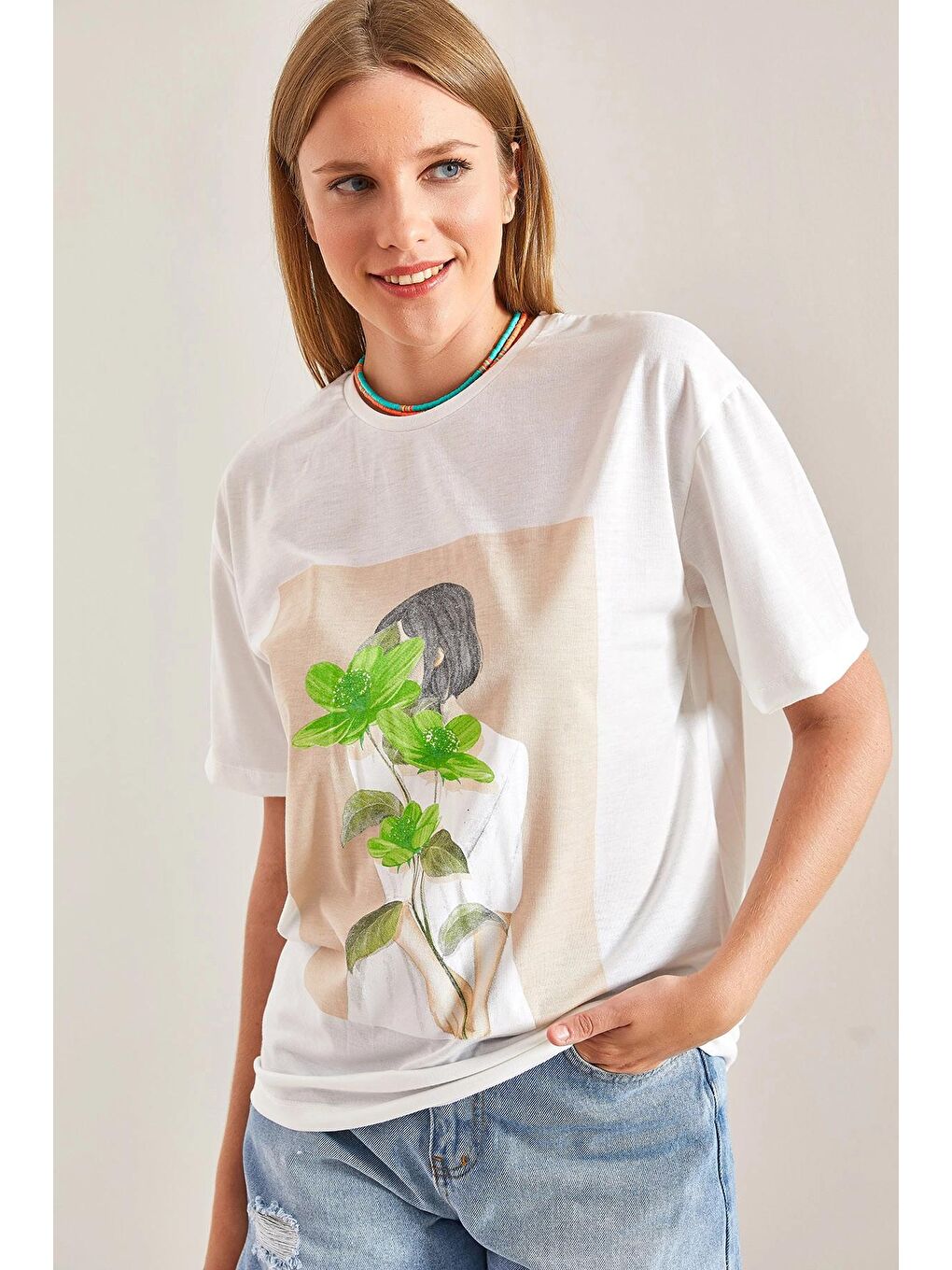Yeşil Kadın Yaprak Desenli Penye Tshirt-1