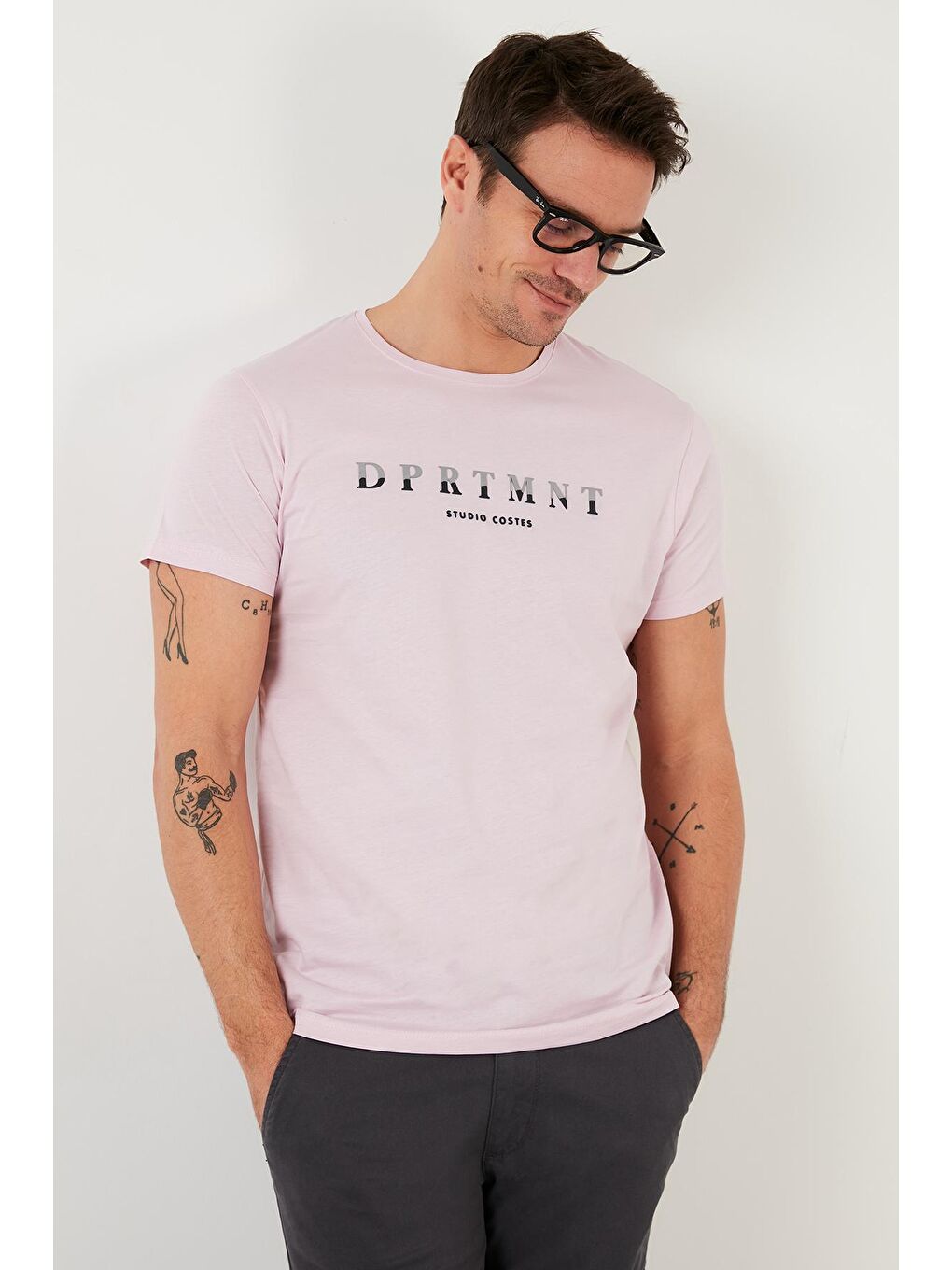 Pembe Baskılı %100 Pamuk Bisiklet Yaka Slim Fit Tişört 541DPRTMINT-2
