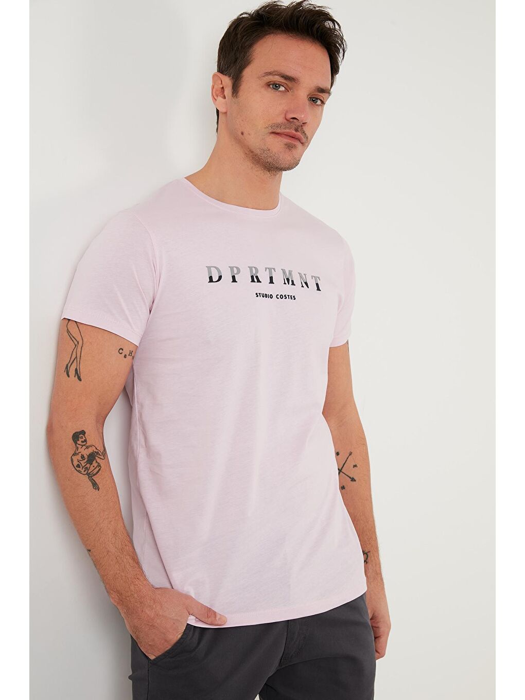 Pembe Baskılı %100 Pamuk Bisiklet Yaka Slim Fit Tişört 541DPRTMINT-3