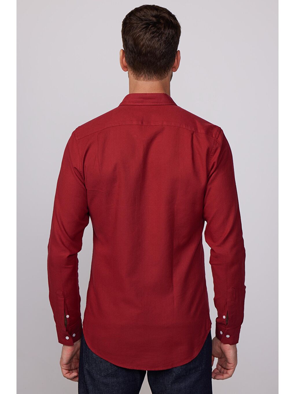Slim Fit Uzun Kol Biyeli Yaka Düğmeli Keten Bordo Erkek Gömlek-4