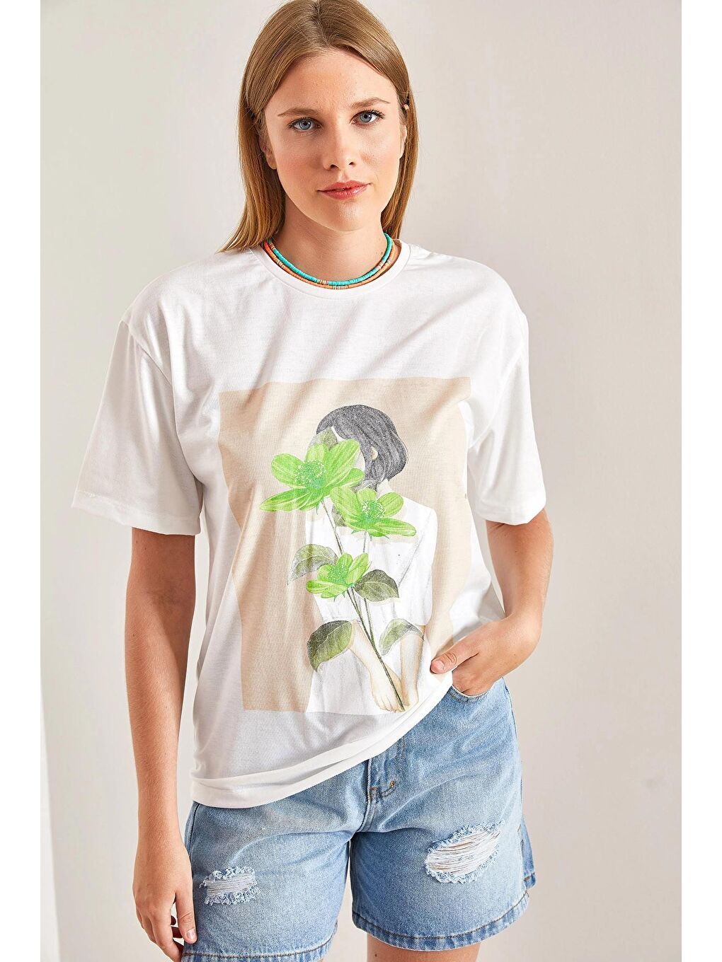 Yeşil Kadın Yaprak Desenli Penye Tshirt-4