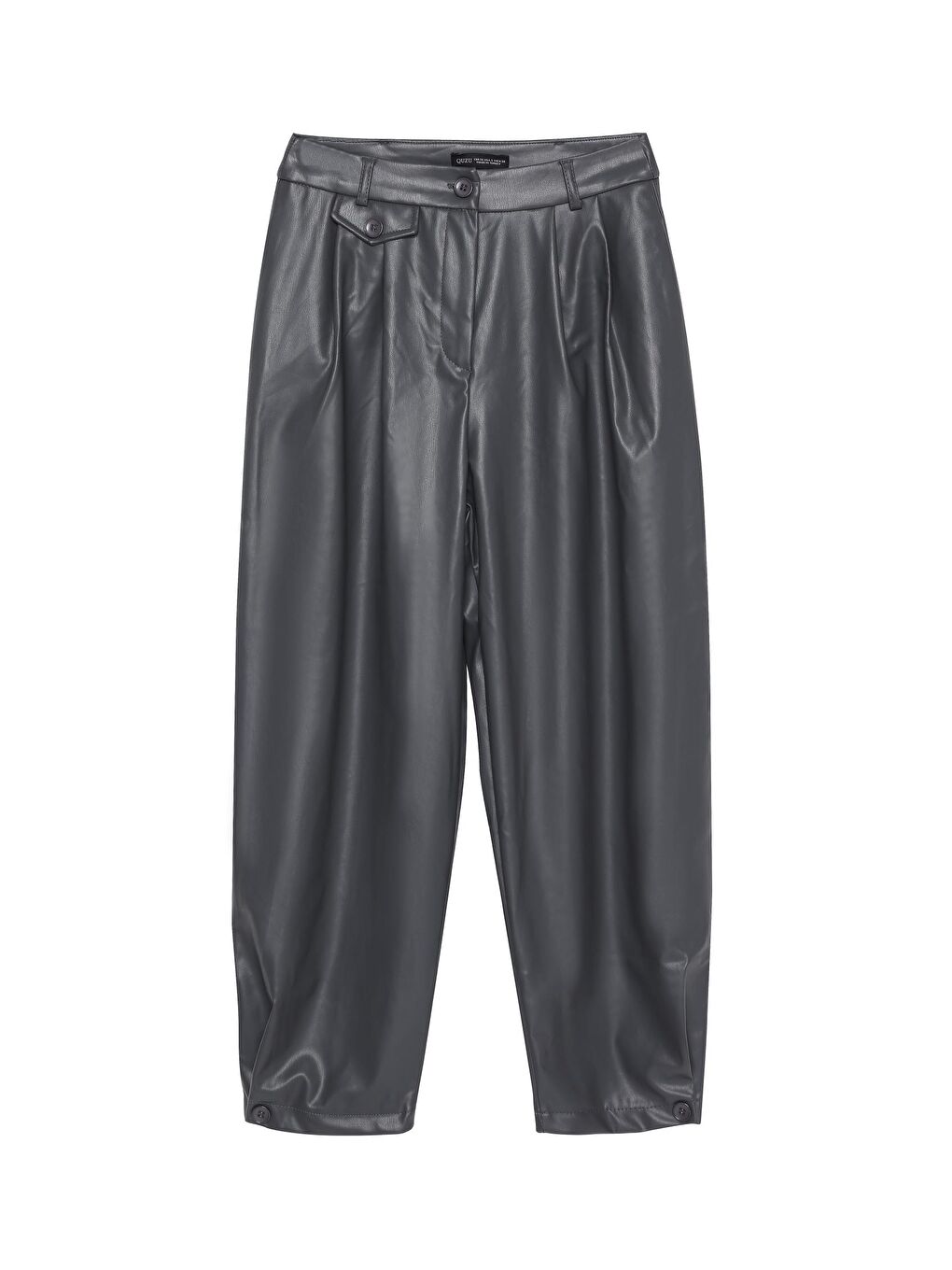 Paçası Düğme Detaylı Yüksek Bel Deri Pantolon Antrasit