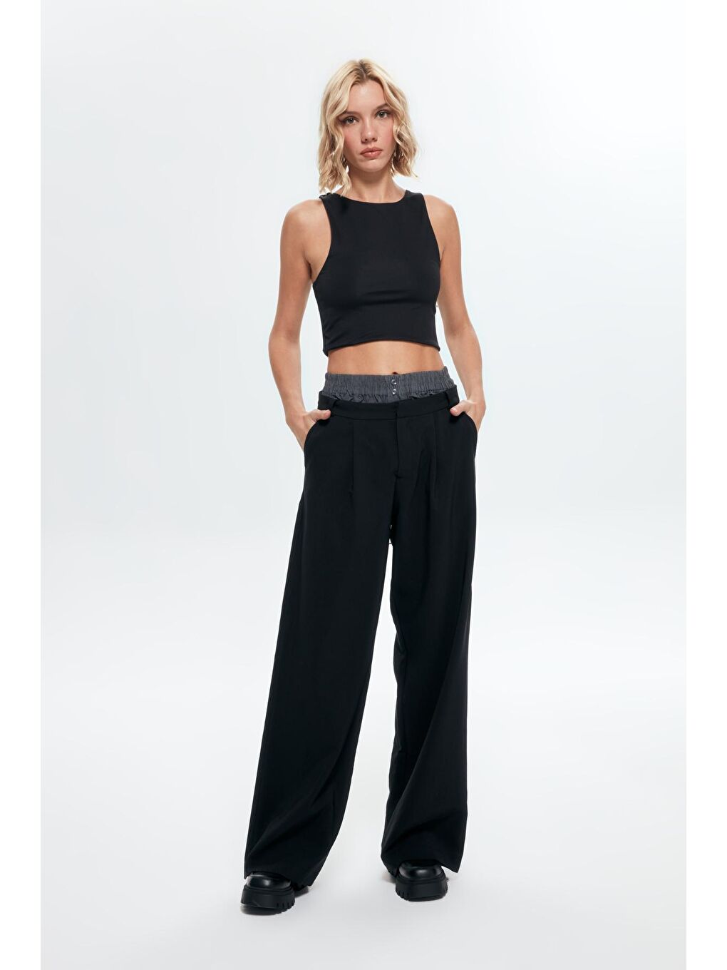 Boxer Detaylı Palazzo Pantolon Siyah-2