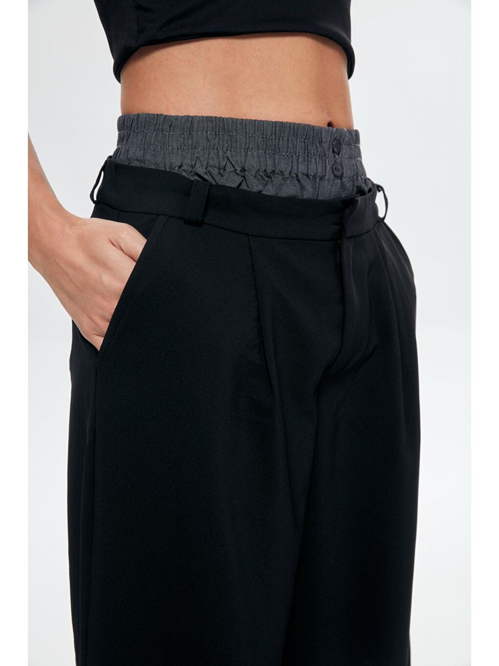 Boxer Detaylı Palazzo Pantolon Siyah-3
