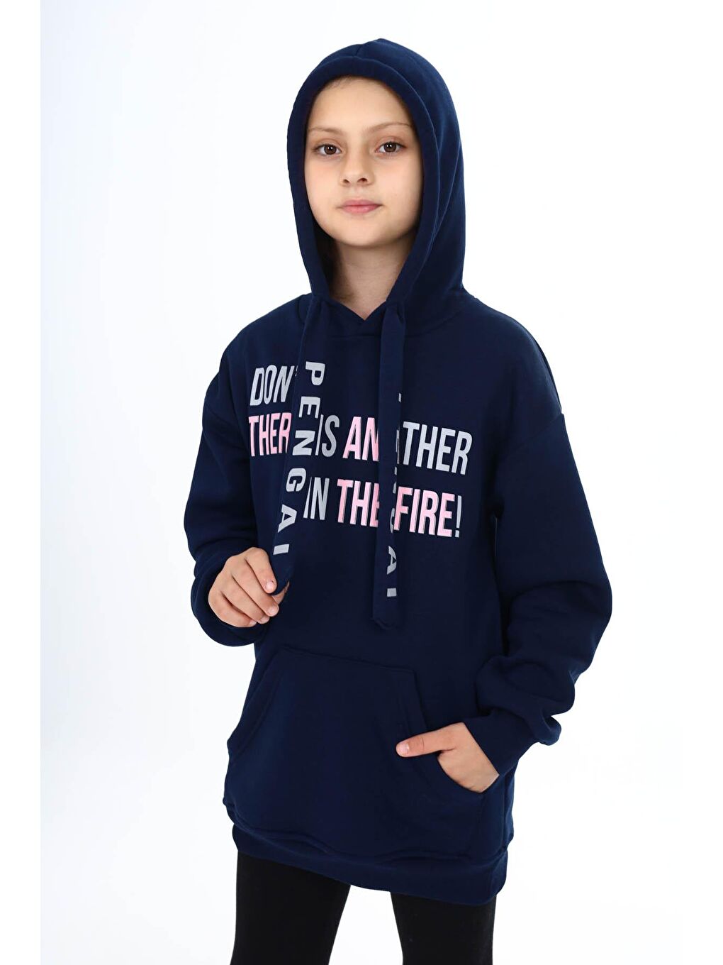 Lacivert Yazı Baskılı Polarlı Kız Çocuk Kapüşonlu Sweatshirt 16437