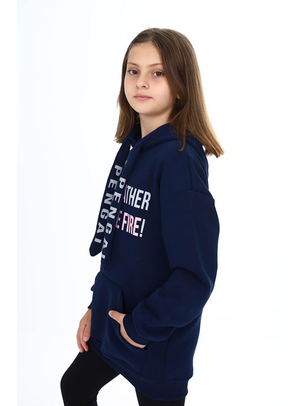 Lacivert Yazı Baskılı Polarlı Kız Çocuk Kapüşonlu Sweatshirt 16437-2