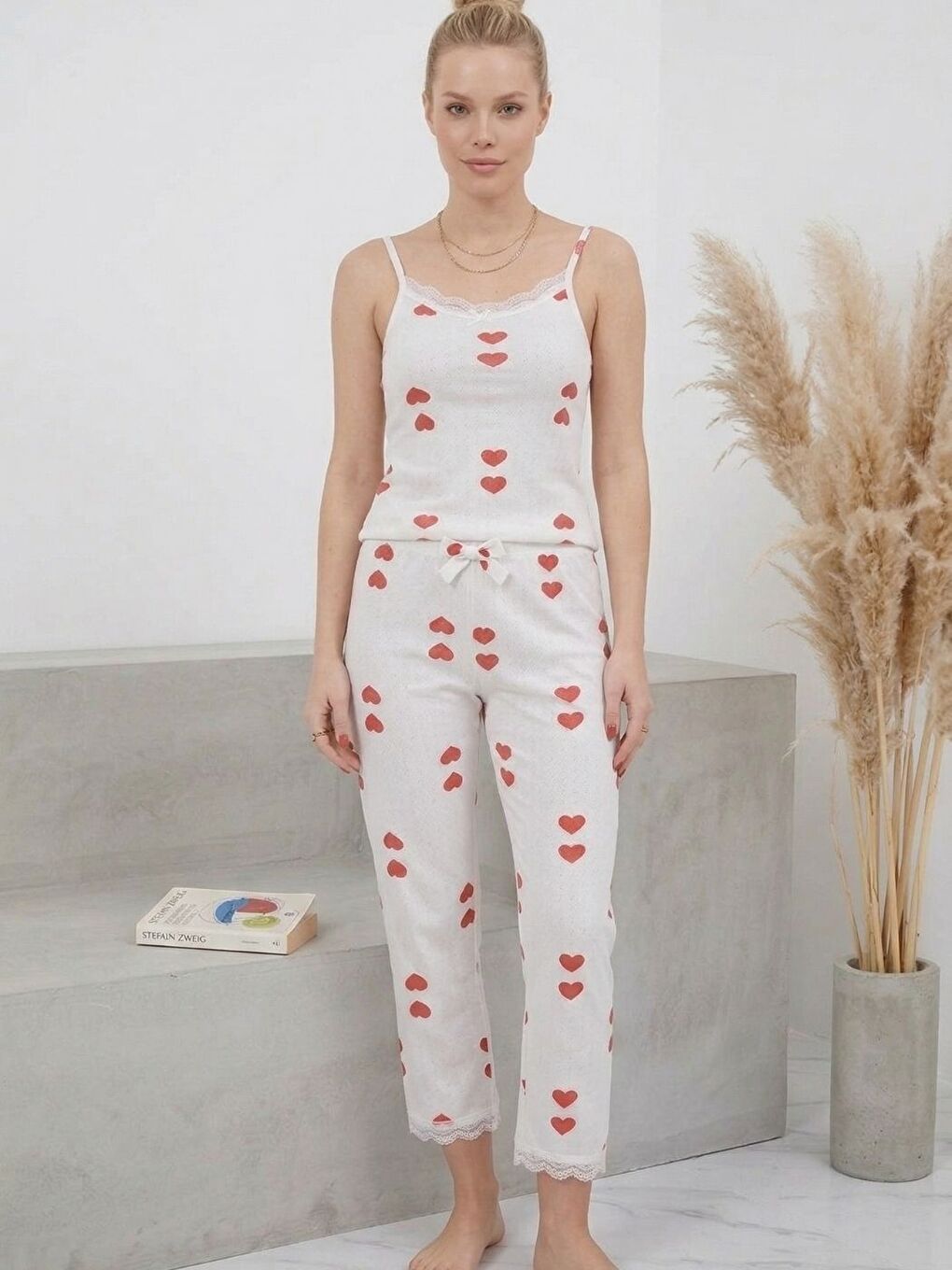 Ekru Kalp Desenli İp Askılı Gecelik-1