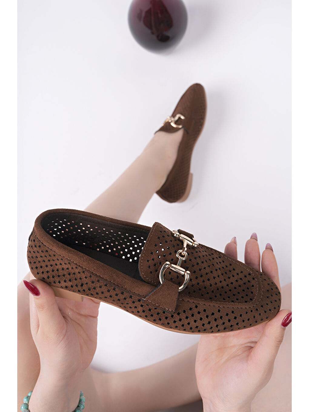 Kahverengi PHUKET Metal Tokalı Lazerli Nefes Alabilen Deri Kadın Loafer Günlük Ayakkabı-4