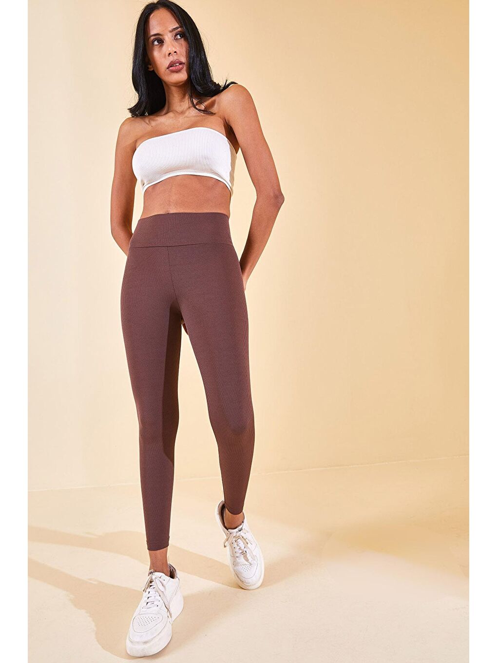 Kahverengi Yüksek Bel Fitilli Tayt 2YXK5-46157-18