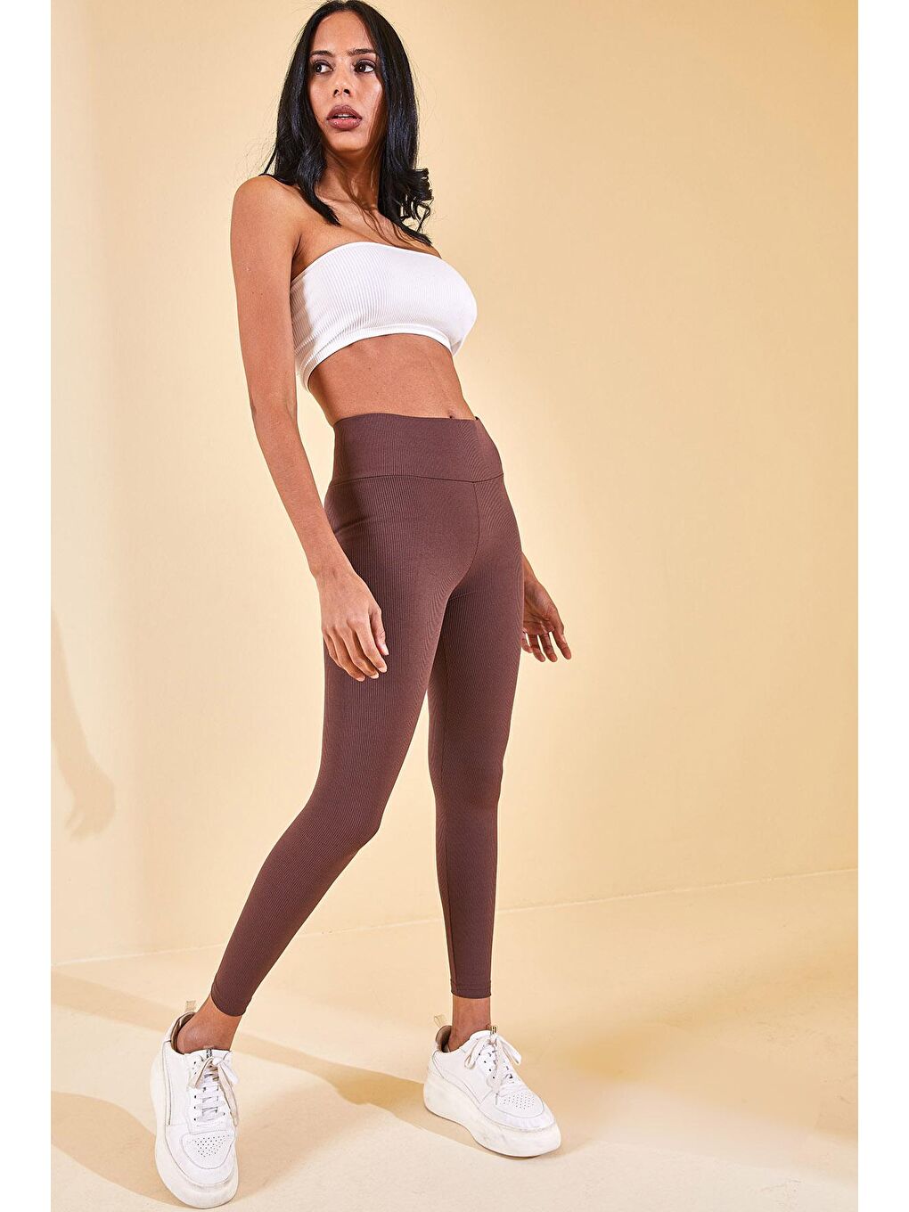 Kahverengi Yüksek Bel Fitilli Tayt 2YXK5-46157-18-1