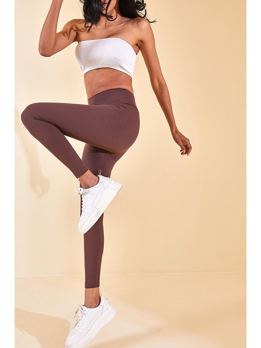 Kahverengi Yüksek Bel Fitilli Tayt 2YXK5-46157-18-2