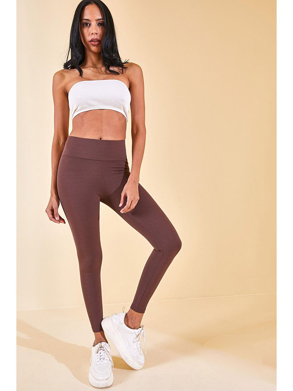 Kahverengi Yüksek Bel Fitilli Tayt 2YXK5-46157-18-3