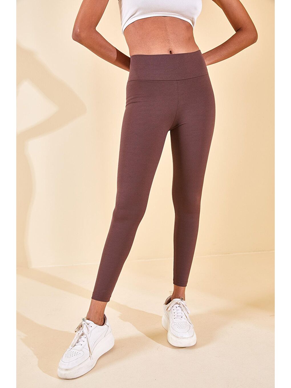 Kahverengi Yüksek Bel Fitilli Tayt 2YXK5-46157-18-4