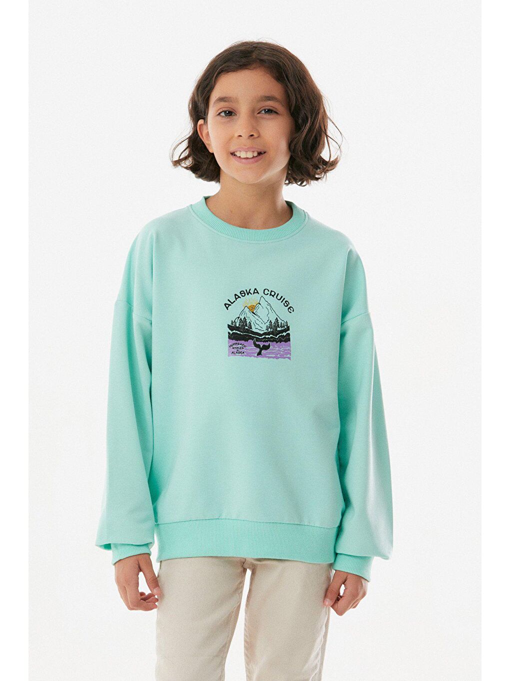 Turkuaz Baskılı Bisiklet Yaka Kız Çocuk Sweatshirt