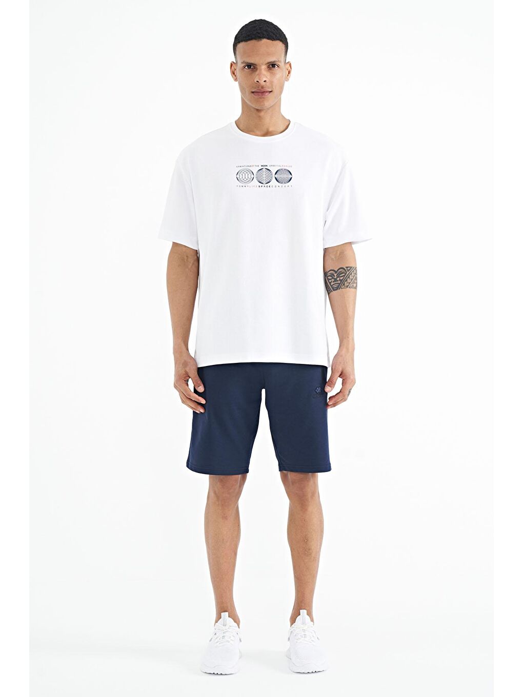 Beyaz Ön Arka Baskılı O Yaka Oversize Erkek Tişört - 88224-1