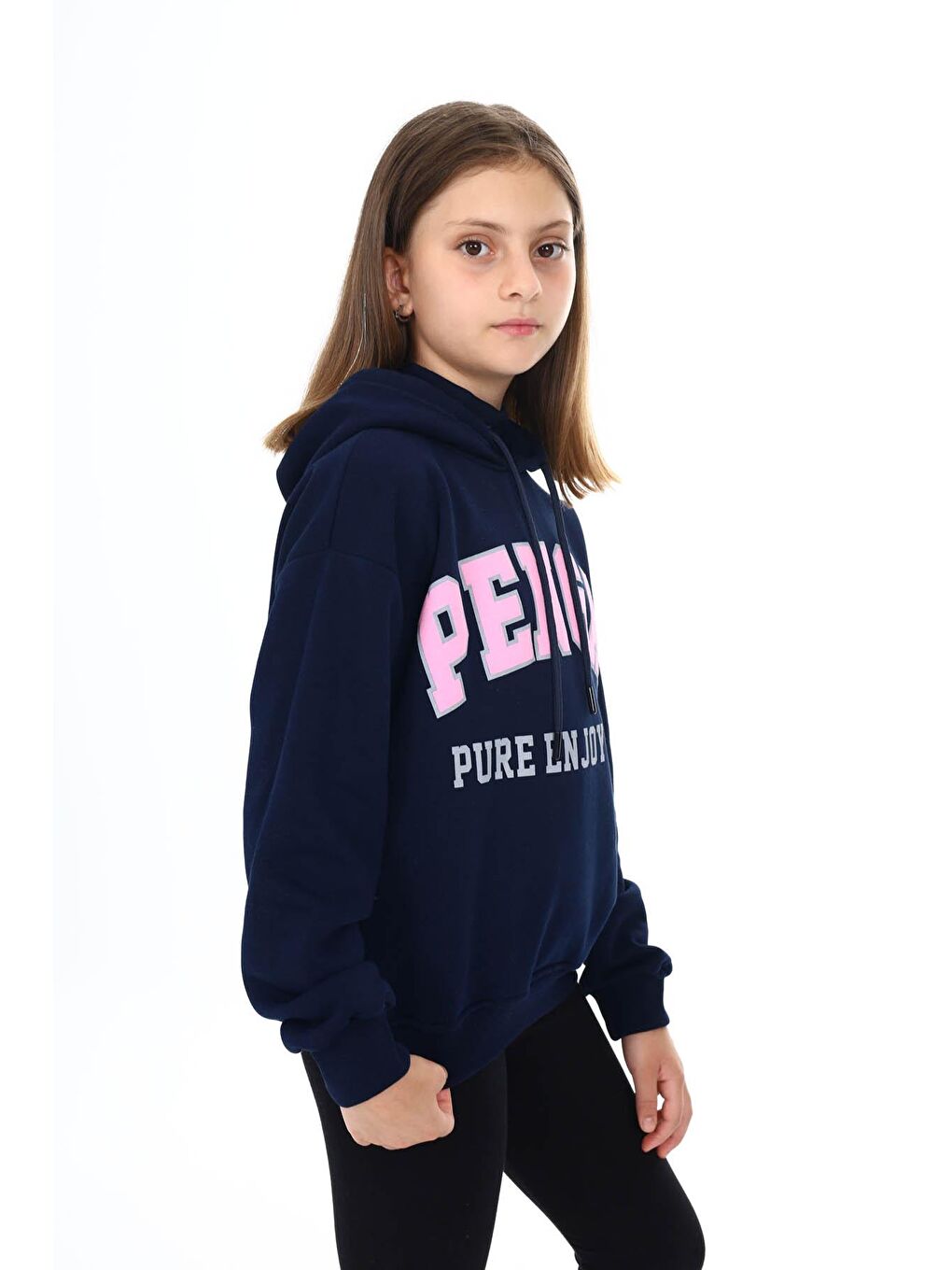 Lacivert Pengai Yazı Baskı Polarlı Kız Çocuk Sweatshirt 16466-1