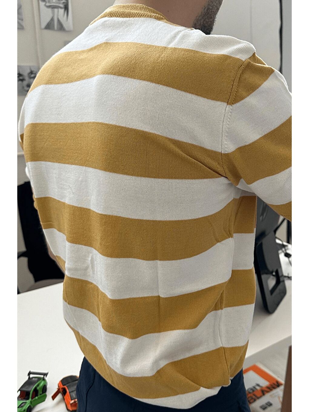 Beyaz Erkek Renk Bloklu Yuvarlak Yaka Örme Tişört-2