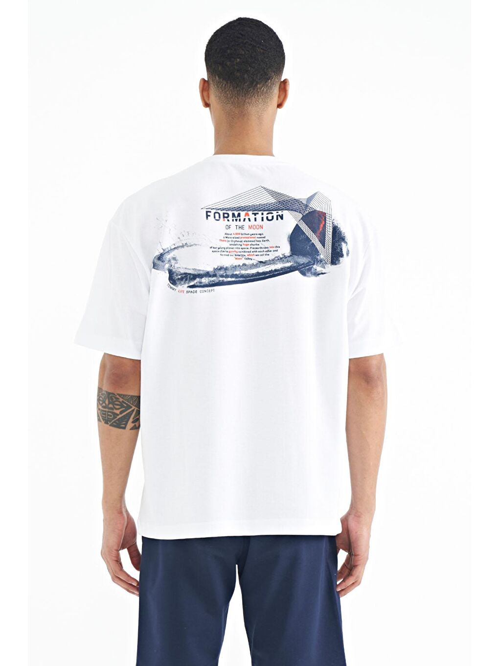 Beyaz Ön Arka Baskılı O Yaka Oversize Erkek Tişört - 88224-4