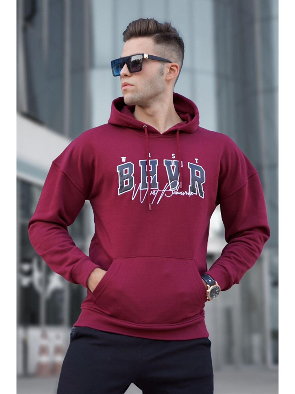 Bordo Erkek Kapüşonlu Sweatshirt 5326
