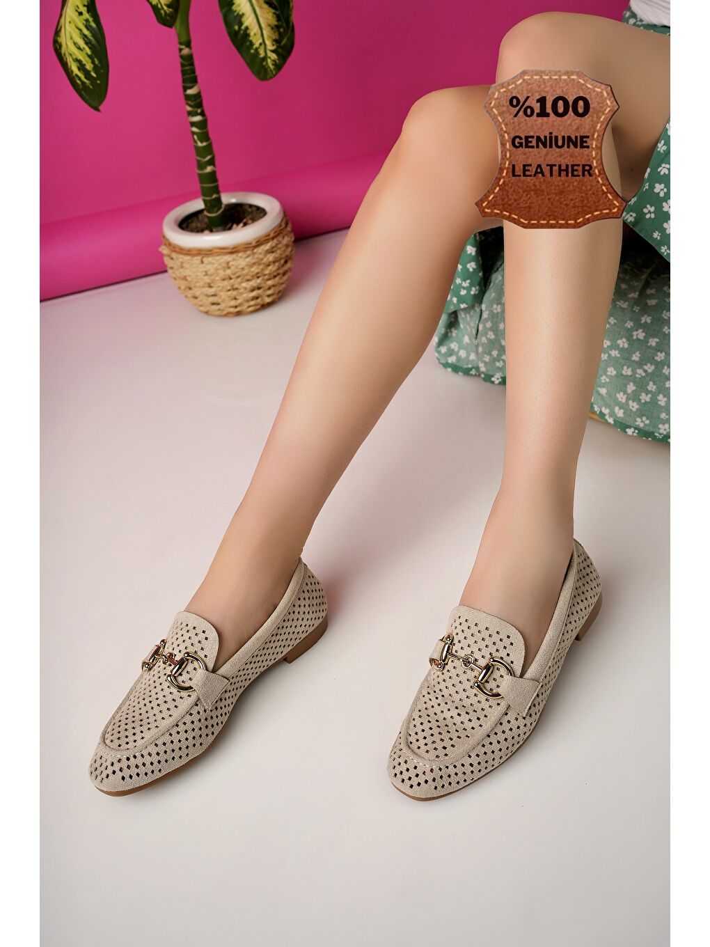 Bej PHUKET Metal Tokalı Lazerli Nefes Alabilen Deri Kadın Loafer Günlük Ayakkabı