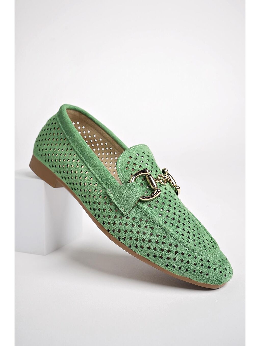 Yeşil PHUKET Metal Tokalı Lazerli Nefes Alabilen Deri Kadın Loafer Günlük Ayakkabı-1