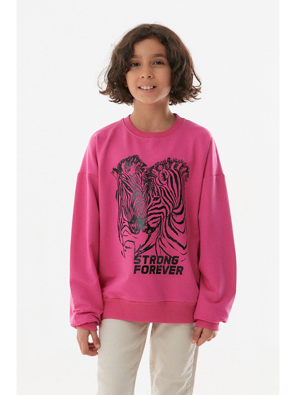 Fuşya Zebra Baskılı Kız Çocuk Sweatshirt