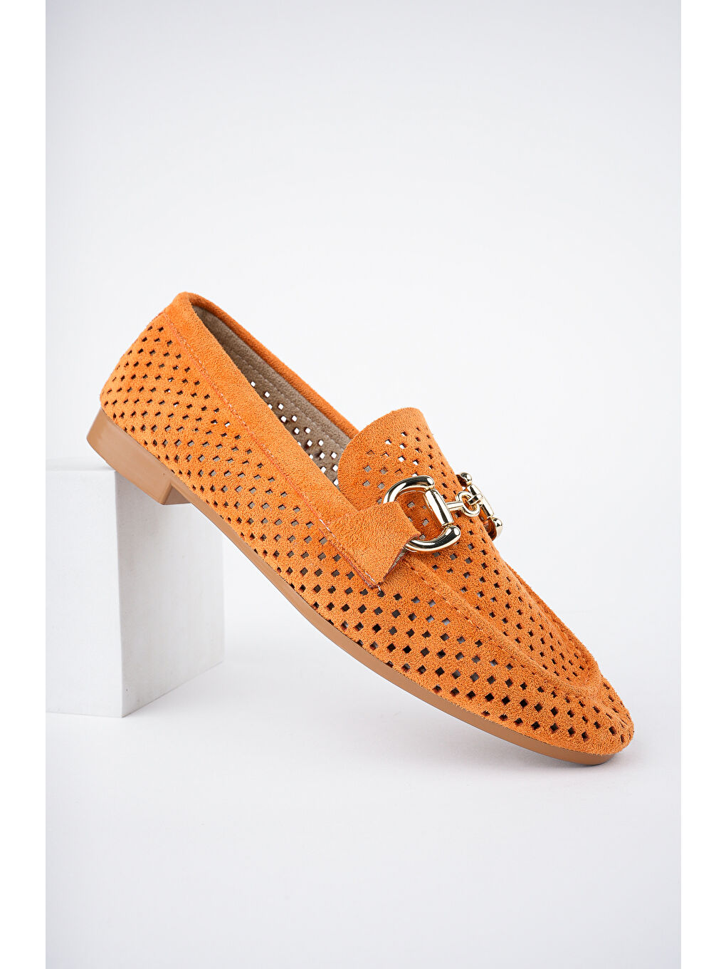 Turuncu PHUKET Metal Tokalı Lazerli Nefes Alabilen Deri Kadın Loafer Günlük Ayakkabı-4