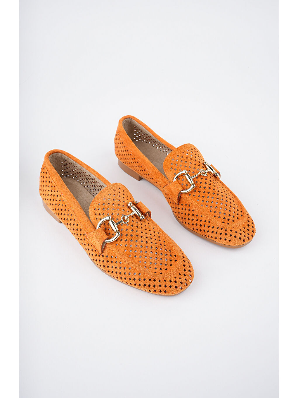 Turuncu PHUKET Metal Tokalı Lazerli Nefes Alabilen Deri Kadın Loafer Günlük Ayakkabı-5