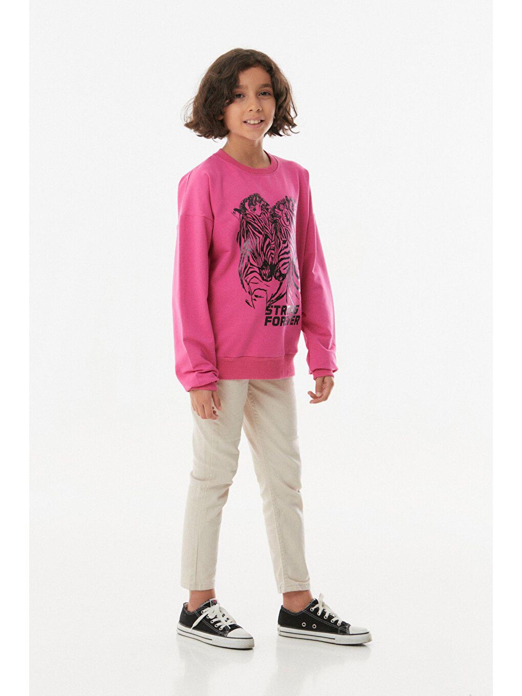Fuşya Zebra Baskılı Kız Çocuk Sweatshirt-1