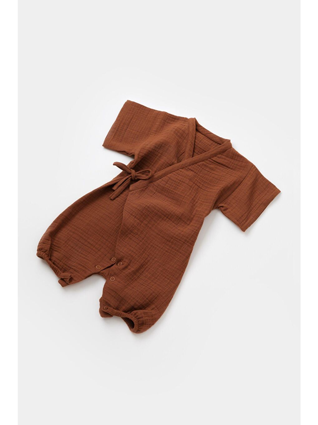 Kahverengi Müslin Kruvaze Kısa Kollu Tulum-2