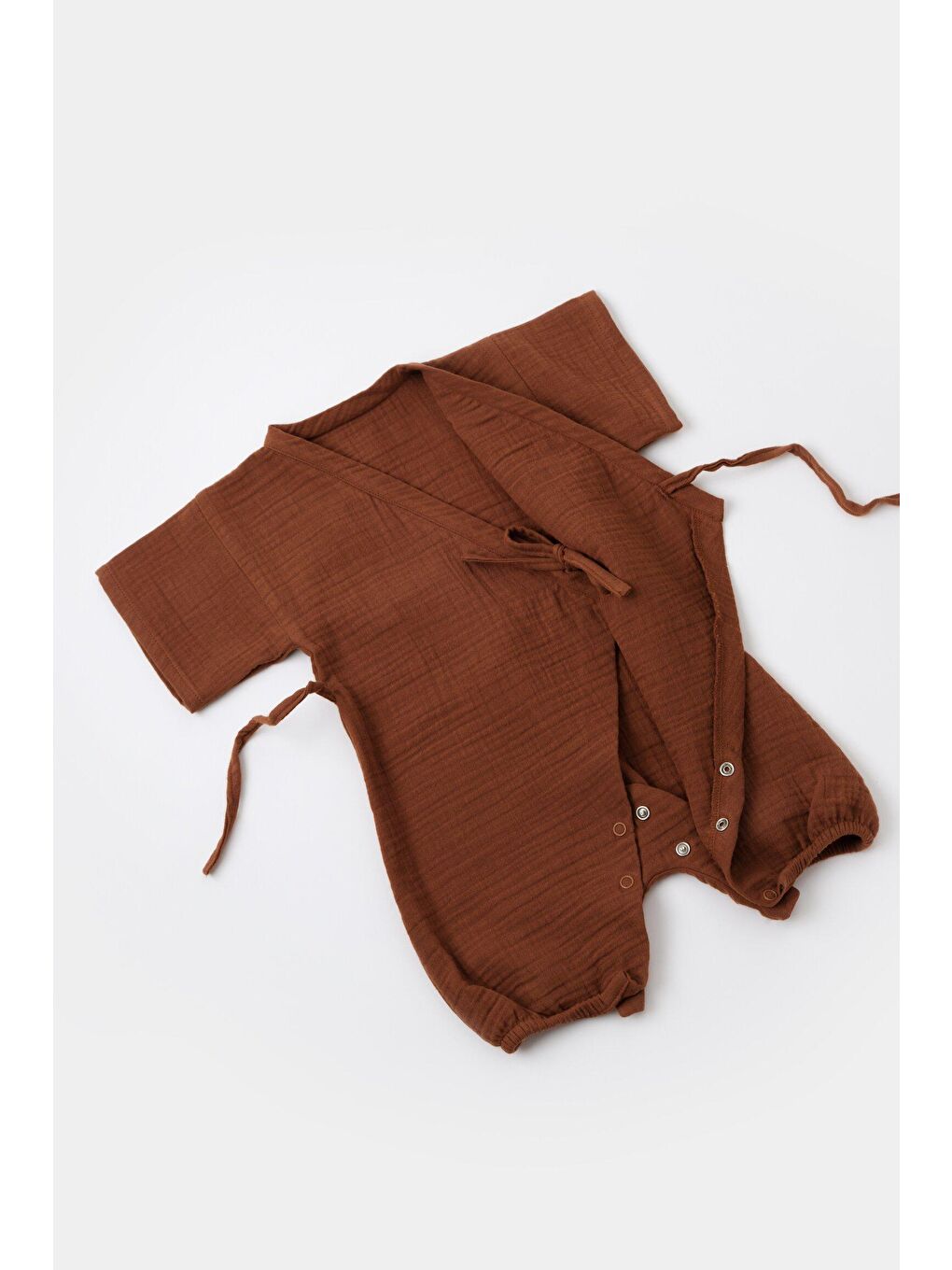 Kahverengi Müslin Kruvaze Kısa Kollu Tulum-3