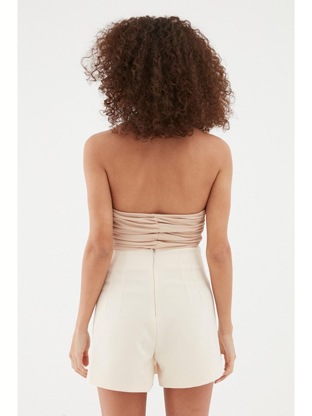 Dekolteli Büzgülü Bluz Bej-4