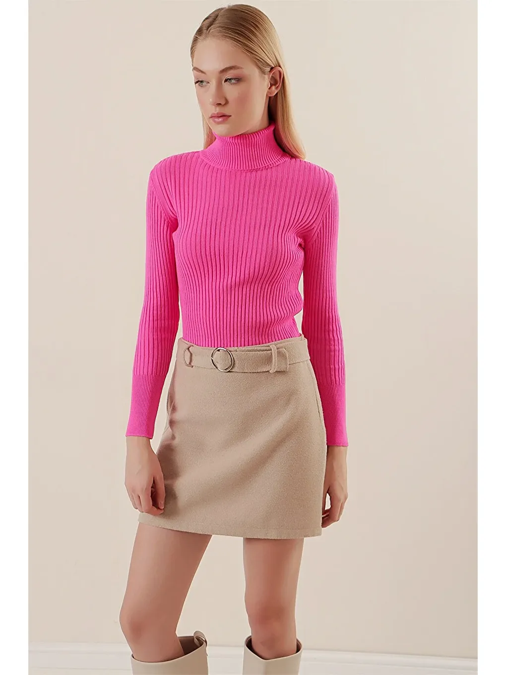 Fuşya Balıkçı Yaka Triko Kadın Kazak-2