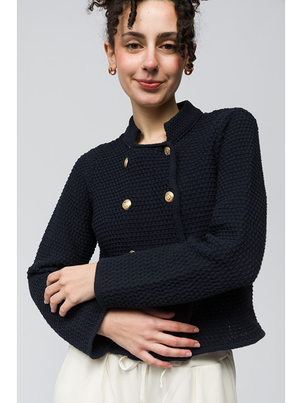 Pekin   Hakim Yaka Düğme Detaylı Triko Hırka   Lacivert Renk-2