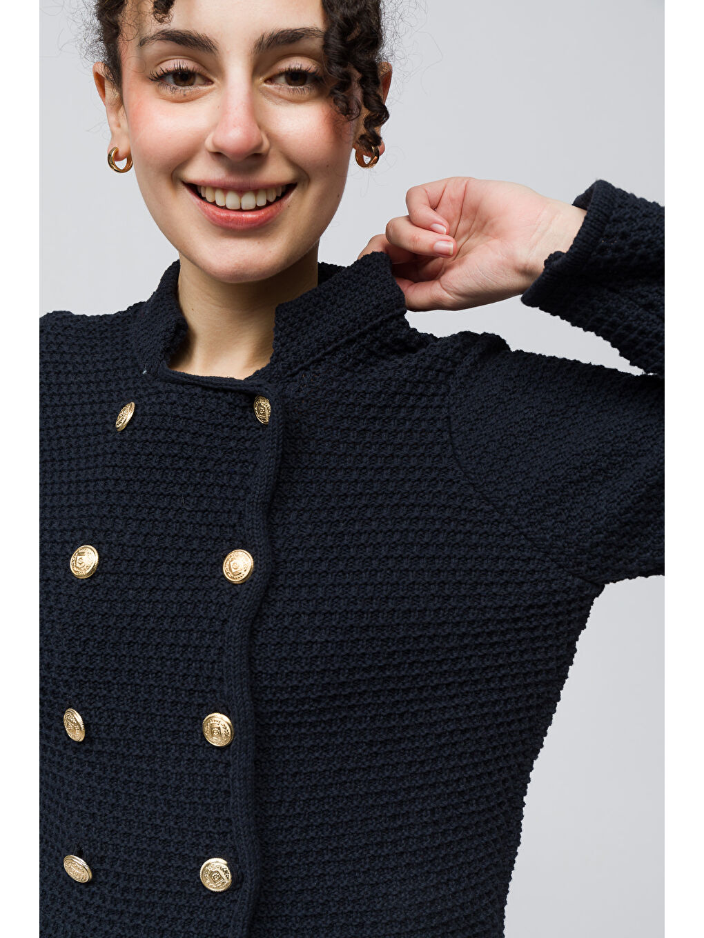 Pekin   Hakim Yaka Düğme Detaylı Triko Hırka   Lacivert Renk-4