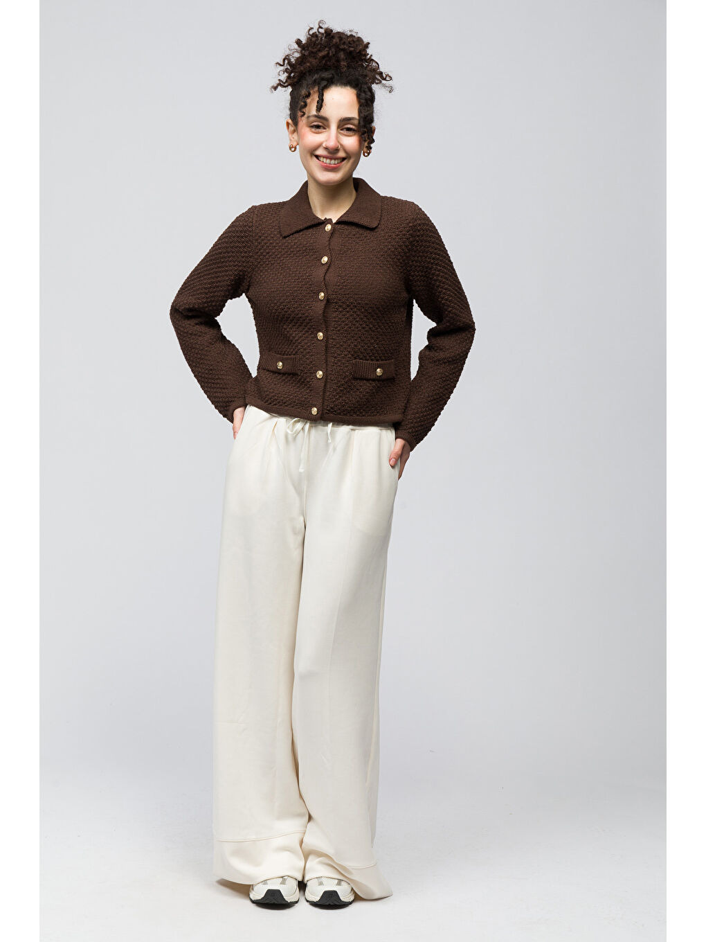 Seul   Gömlek Yaka Cep Detaylı Triko Hırka   Kahverengi Renk-1